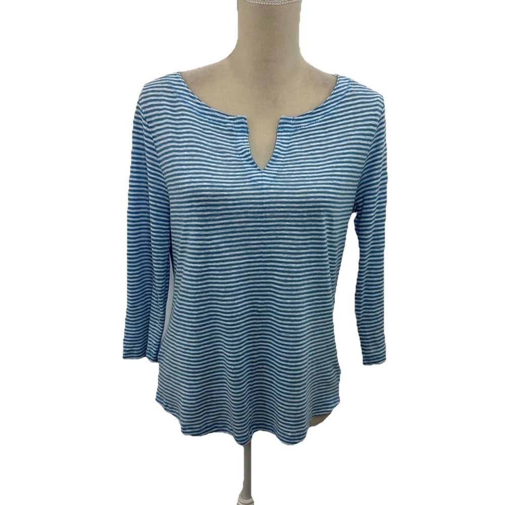 Tommy Bahama Blue Striped Linen Top Womens Small Petite 3/4 Sleeves Knit